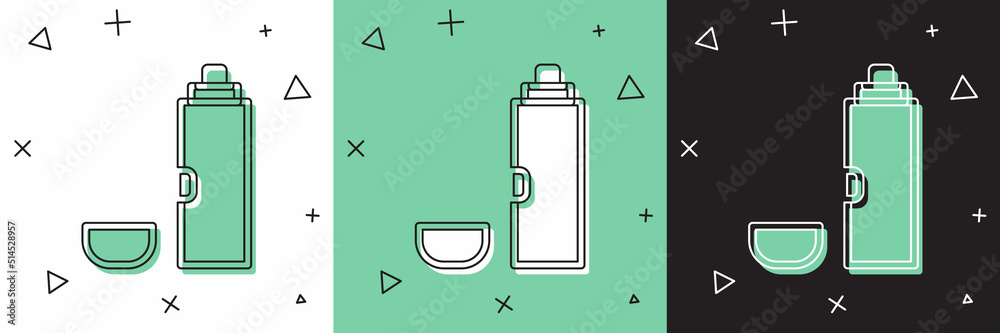 Set Thermos container icon isolated on white and green, black background. Thermo flask icon. Camping
