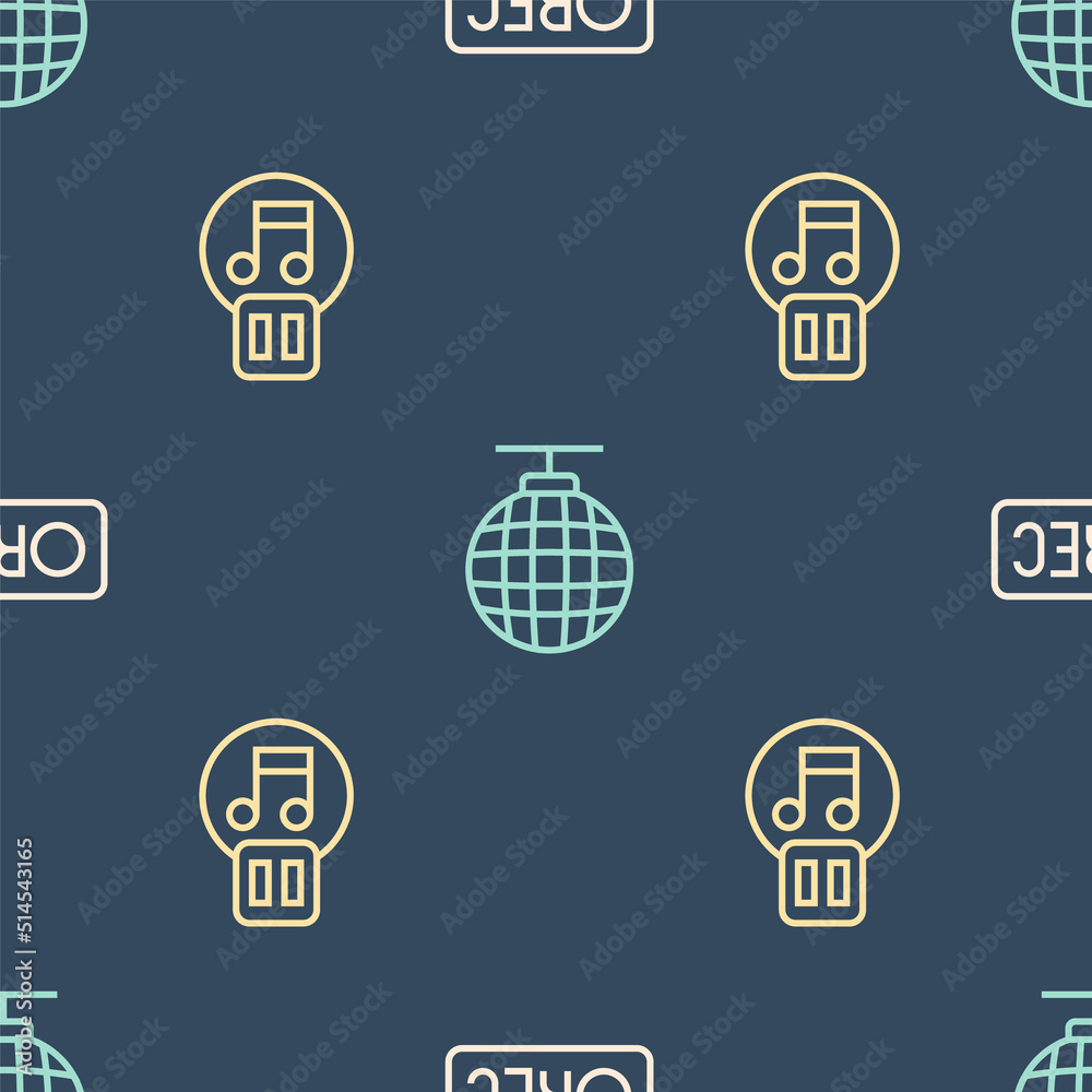 Set line Record button, Pause and Disco ball on seamless pattern. Vector