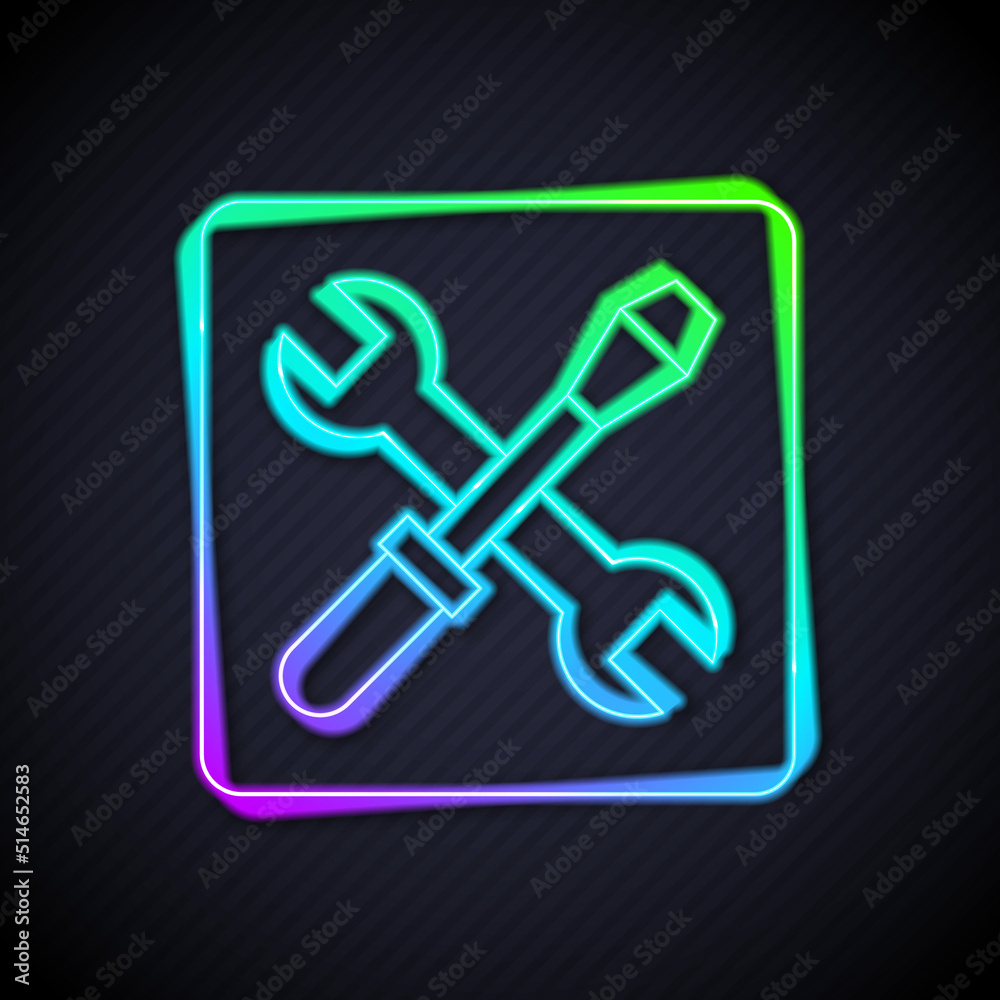 Glowing neon line 3D printer setting icon isolated on black background. 3d printing. Vector