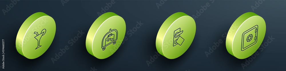 Set Isometric line Cocktail, Hotel luggage cart, Digital door lock and Safe icon. Vector