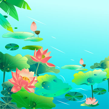 Great summer solar term, summer lotus flower, lotus leaf and lotus flower in summer pond, vector illustration
