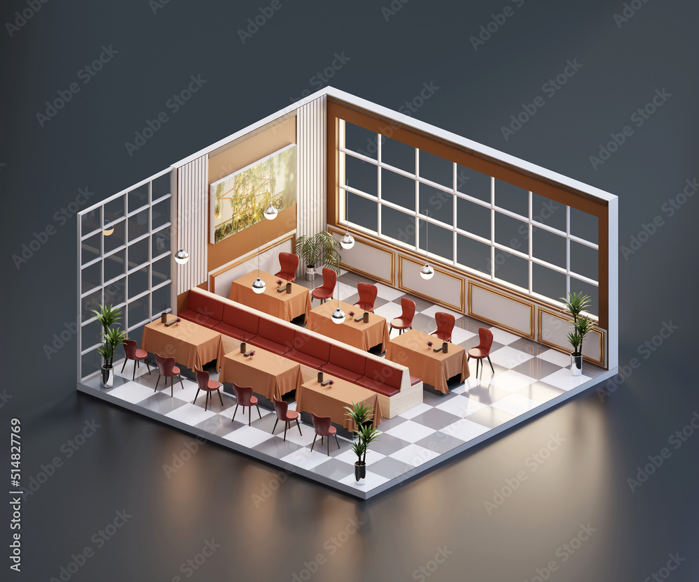 餐厅内部开放的等距视图，三维渲染。