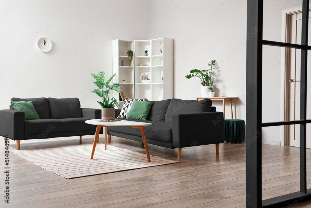 带桌子、黑色沙发和室内植物的浅色客厅内部