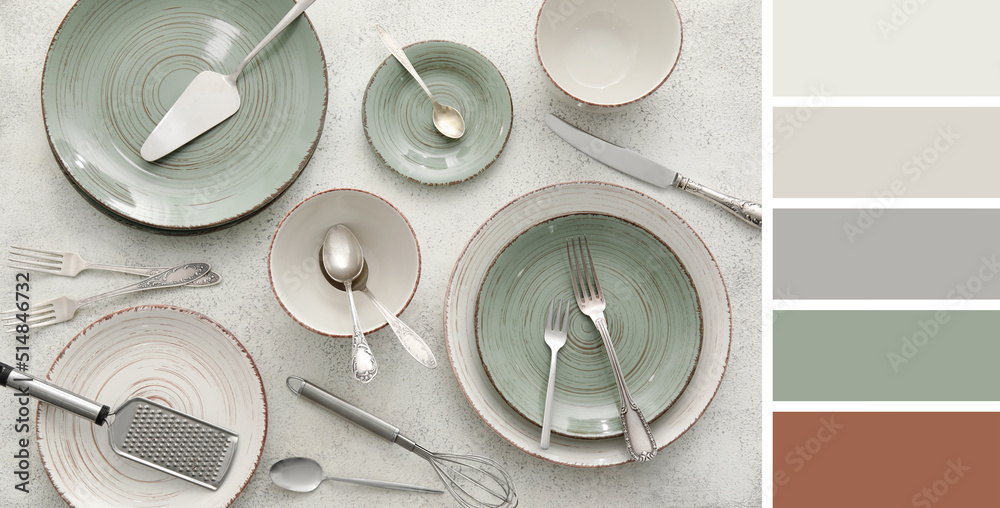 Stylish dinnerware on light background. Different color patterns