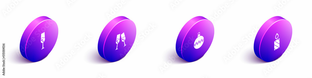 Set Isometric Glass of champagne, , Christmas ball and Burning candle icon. Vector