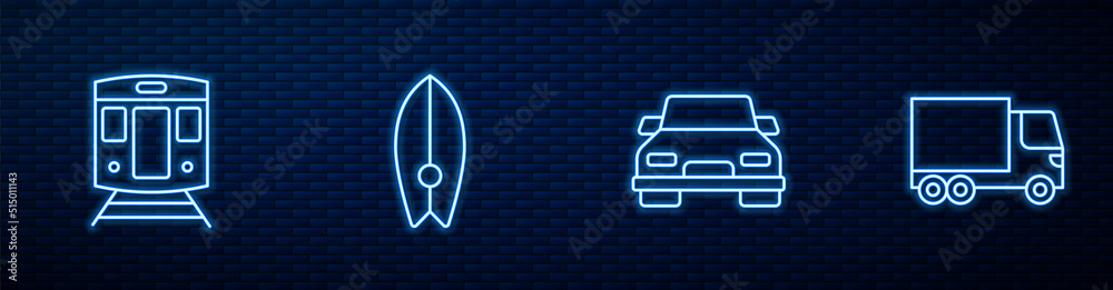 Set line Car, Train and railway, Surfboard and Delivery cargo truck. Glowing neon icon on brick wall