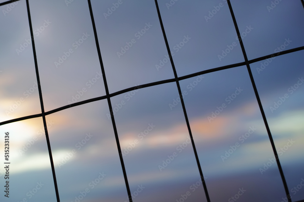 在模糊的天空背景下，用垂直、水平线围成的铁栅栏。铁丝网呈矩形。