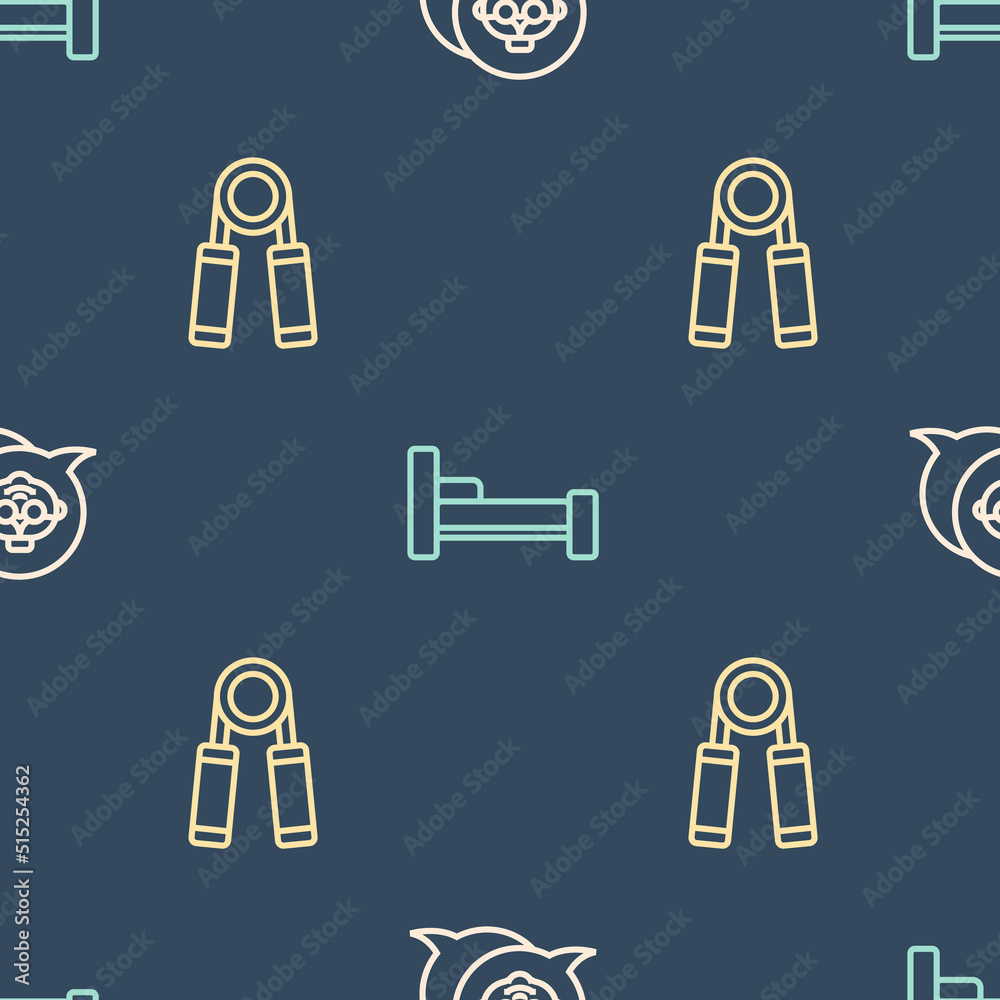 Set line Grandmother, Sport expander and Bed on seamless pattern. Vector
