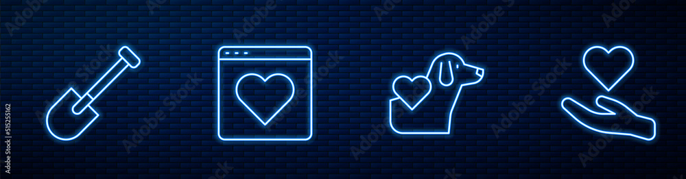 Set line Heart with dog, Shovel, Dating app online and hand. Glowing neon icon on brick wall. Vector