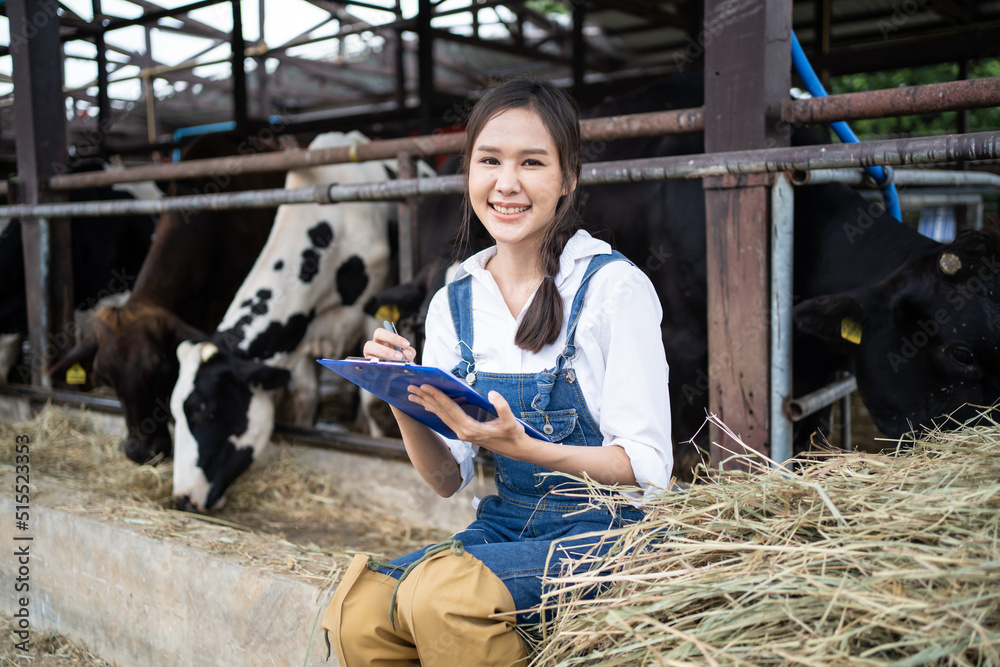 亚洲有魅力的奶农妇女在农场户外工作的肖像。