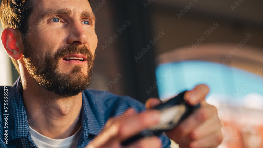 Close Up Portrait of Young Man Spending Time at Home, Sitting on Couch in Stylish Loft Apartment and