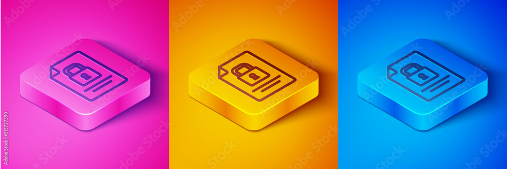 Isometric line Document and lock icon isolated on pink and orange, blue background. File format and 