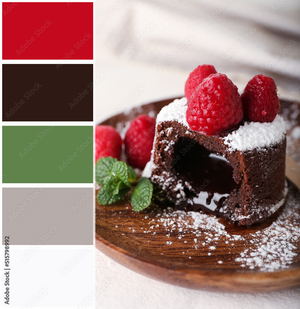 桌子上放着美味的熔岩蛋糕软糖和覆盆子，特写。不同的颜色图案