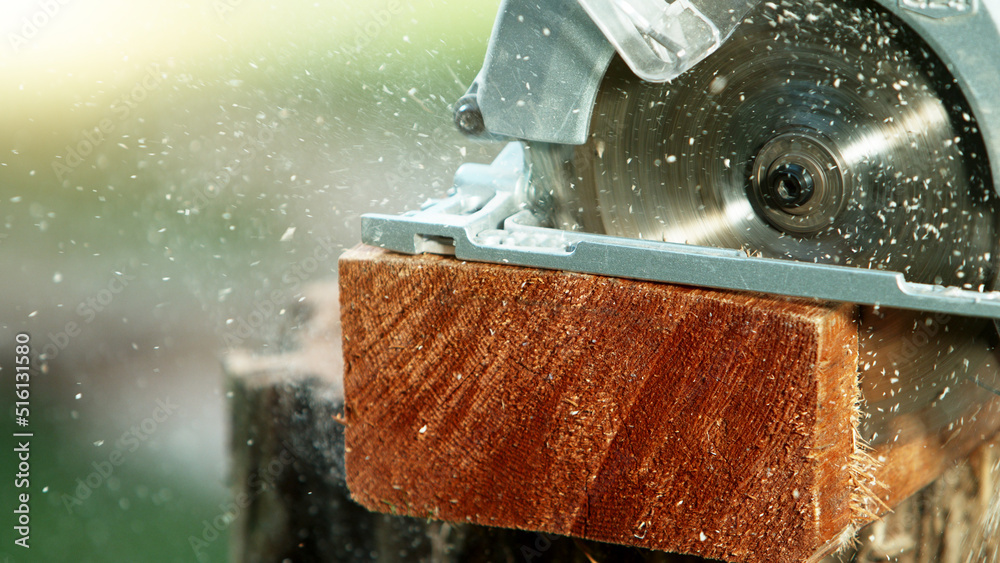 Detail of circular saw saws the timber log.