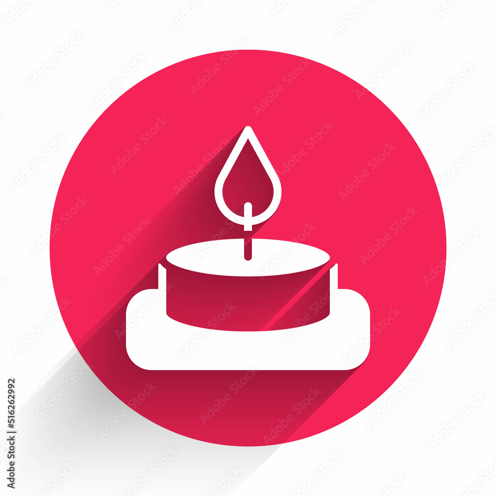 White Aroma candle icon isolated with long shadow background. Red circle button. Vector