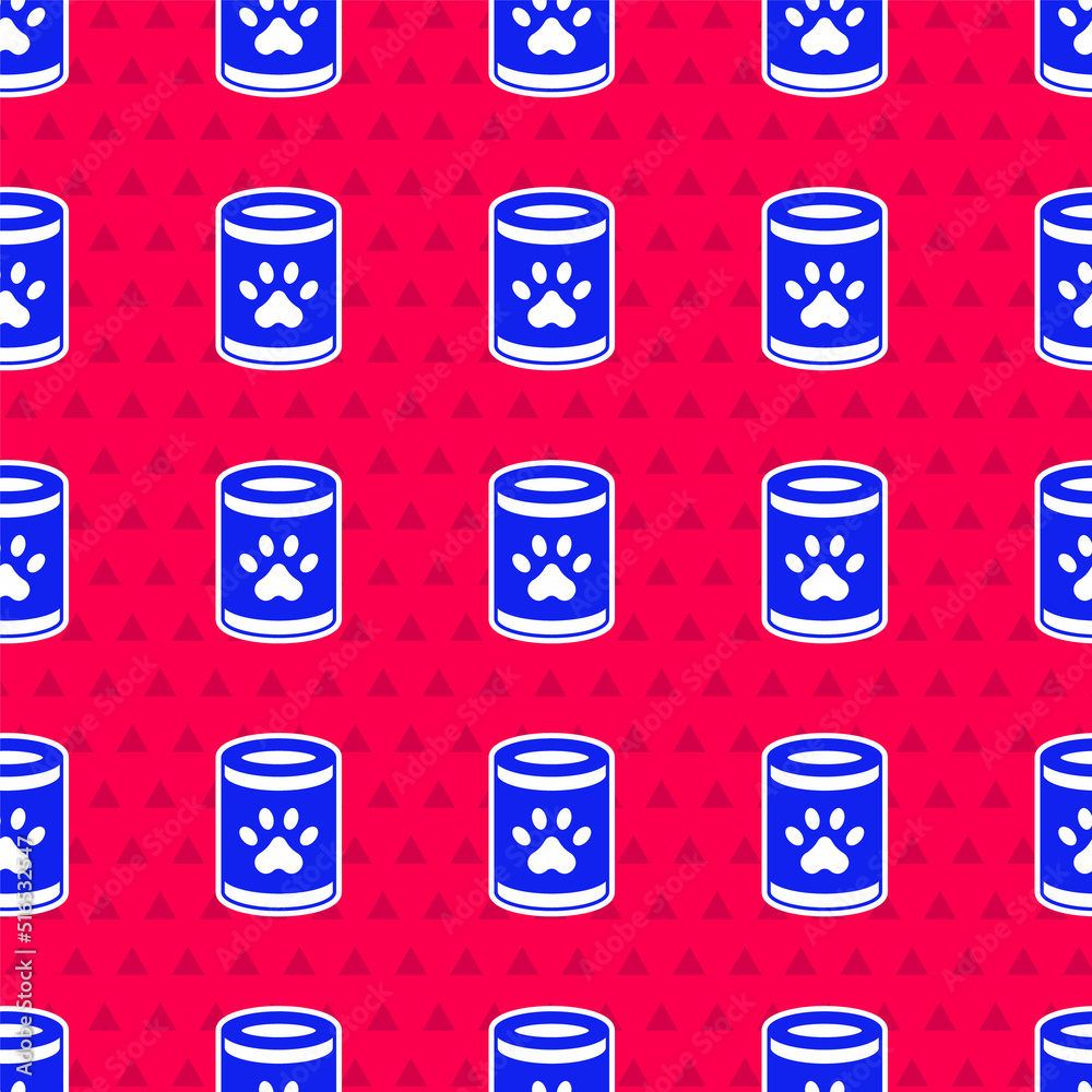 蓝色罐头食品图标红色背景上的隔离无缝图案。动物食品。宠物食品罐头。V