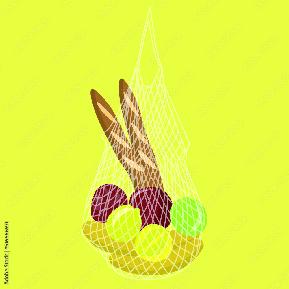 Mesh bag with fresh products on yellow background