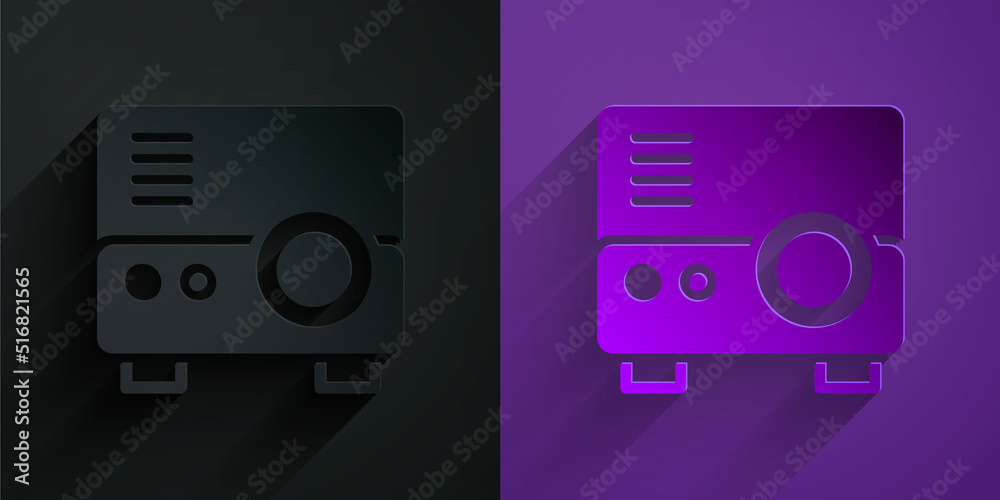 剪纸演示、电影、电影、媒体投影仪图标隔离在紫色背景上的黑色上。Pa