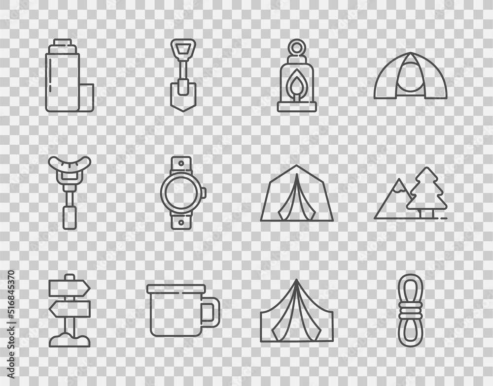 Set line Road traffic signpost, Climber rope, Camping lantern, metal mug, Thermos container, Smartwa