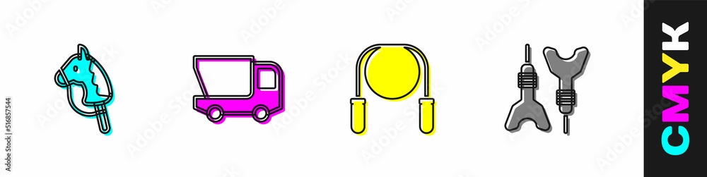 Set Toy horse, truck, Jump rope and Dart arrow icon. Vector