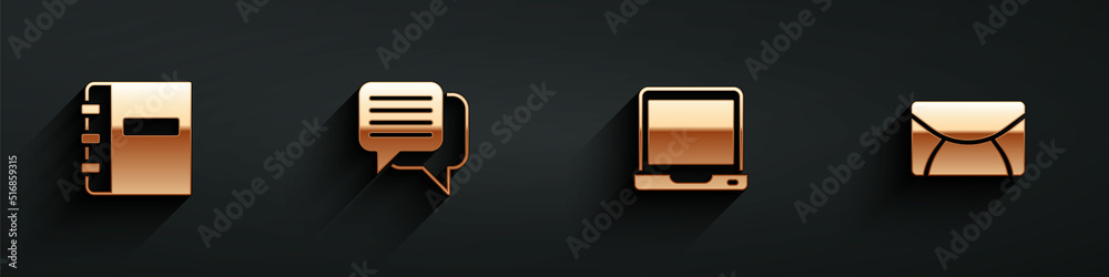 Set Notebook, Speech bubble chat, Laptop and Mail and e-mail icon with long shadow. Vector