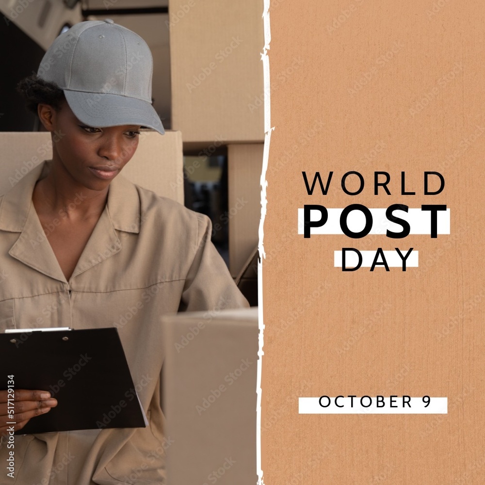 橙色背景下的世界邮政日图片，非洲裔美国女邮递员