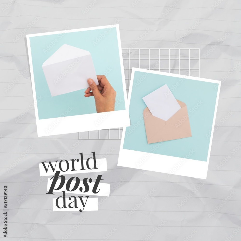 Image of world post day over grey background with photos of envelopes