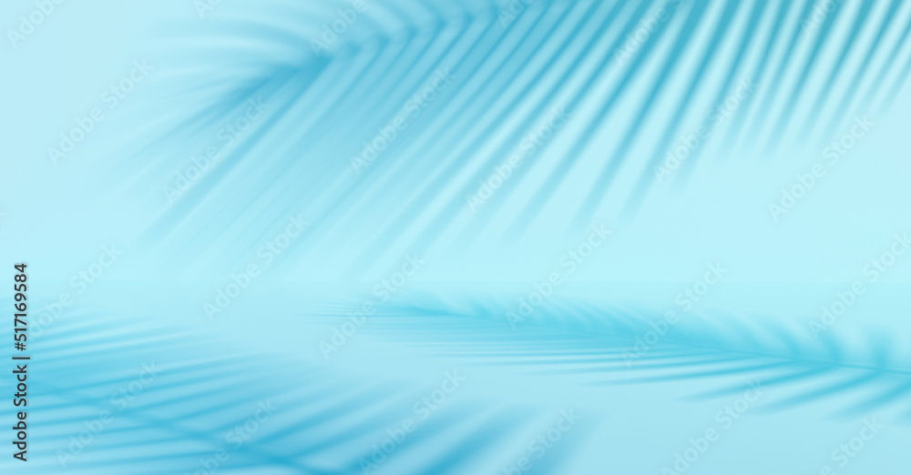 用棕榈叶阴影呈现浅蓝色背景的3d渲染，用于复制空间