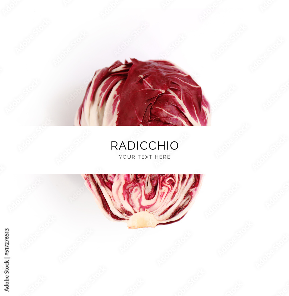 白色背景上由红色菊苣卷心菜制成的创意布局。平面布局。食品概念。宏观