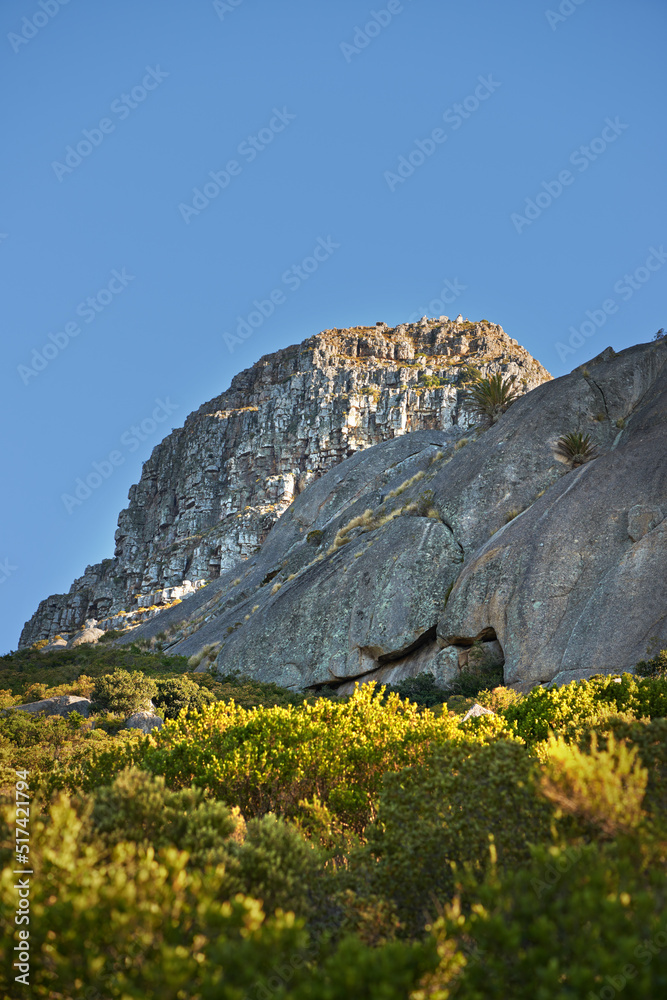 Copyspace with scenic landscape view of Lions Head mountain in Cape Town, South Africa against a cle
