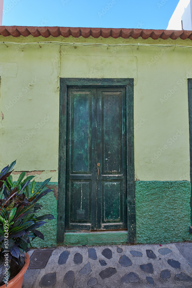 古老的废弃房屋或房屋，有风化的绿色墙壁和破碎的木门。复古和古老的res
