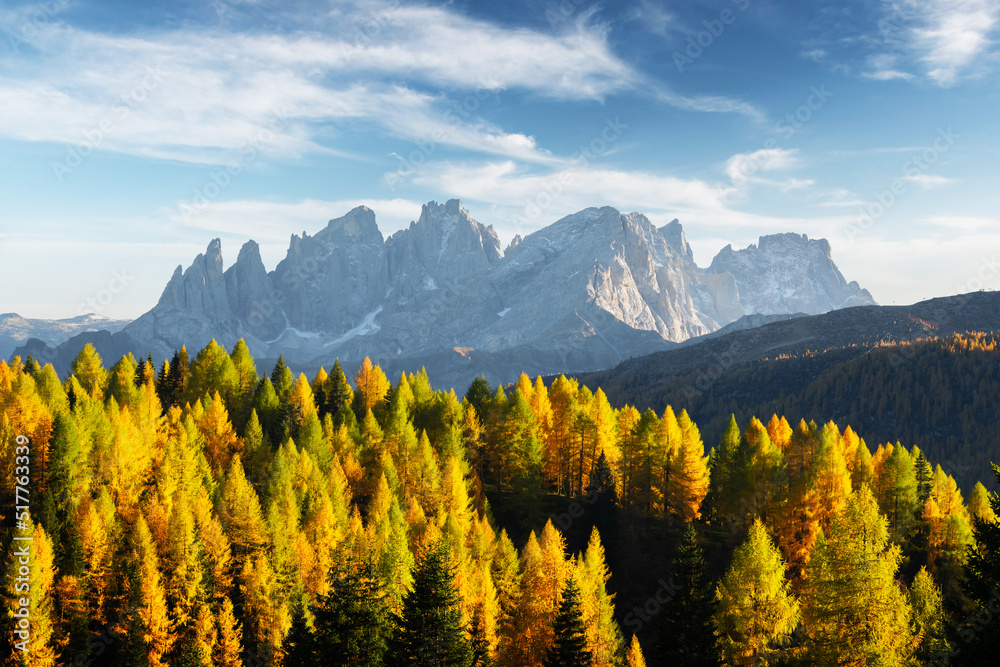 Incredible autumn view at Valfreda valley in Italian Dolomite Alps. Yellow and orange larches forest