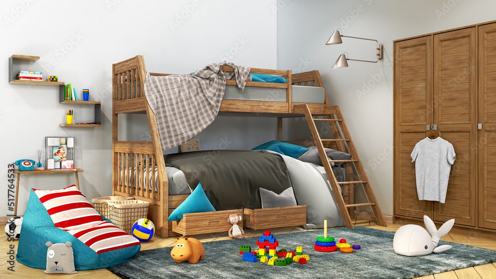 Children room with bunk bed, wardrobe, cozy rug, beanbag chair and lot of toys, 3d illustration