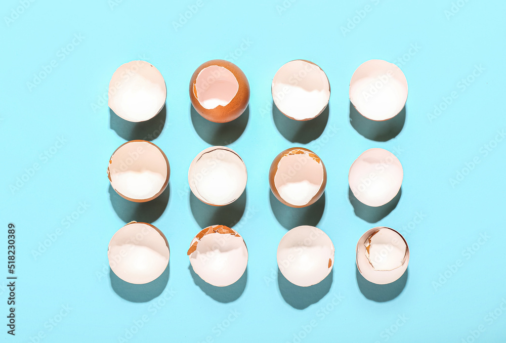 Composition with egg shells on color background