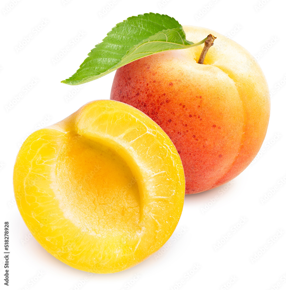 黄杏果实，叶隔离在白色背景上，杏隔离在白色上，工作pa