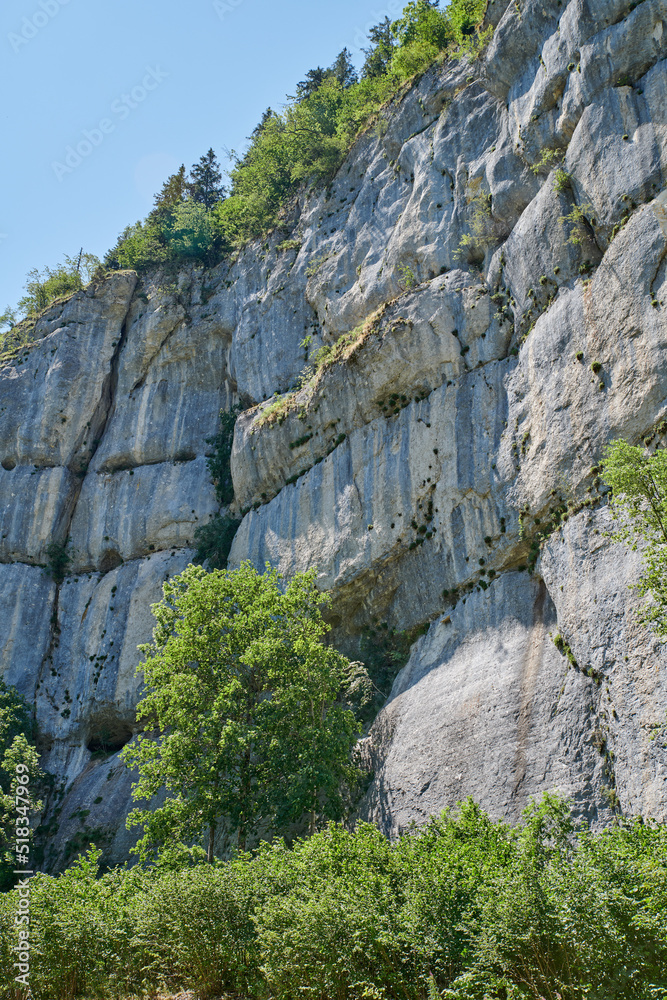 夏季晴朗的一天，陡峭、雄伟、多岩石的山崖景观。特写o