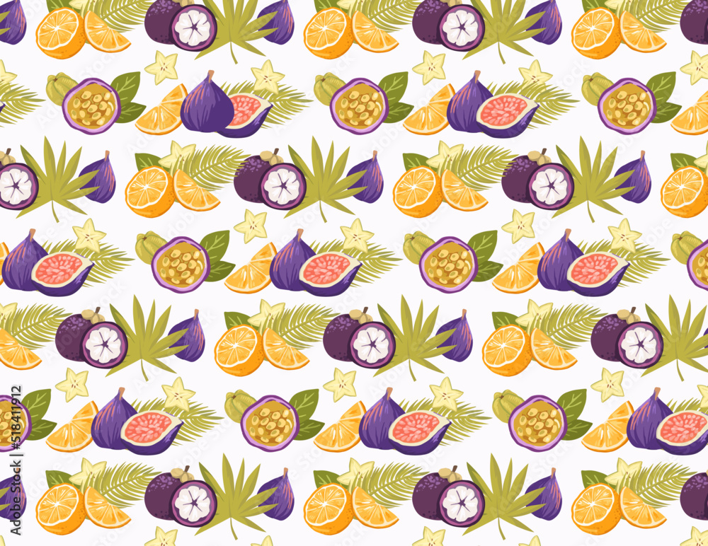 彩色热带水果和棕榈叶图案矢量插图，白色背景