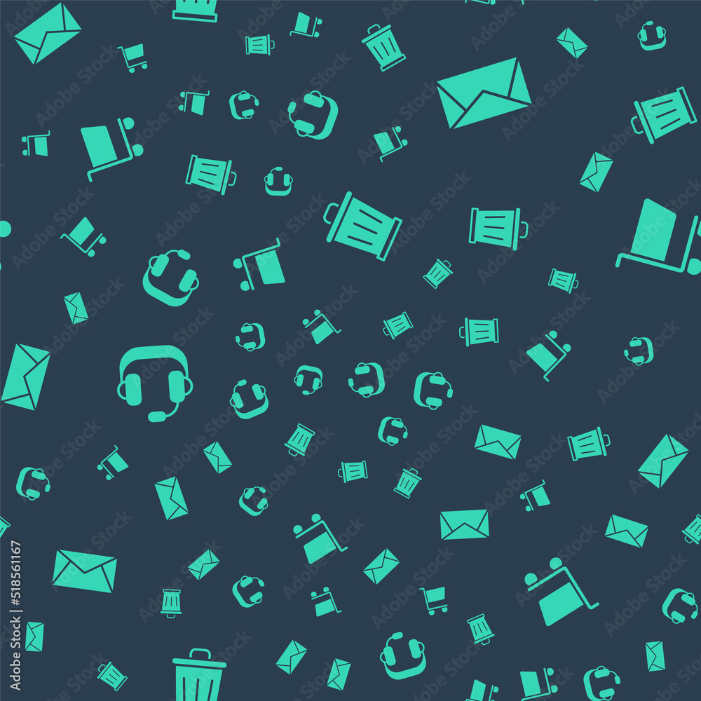 Set Trash can, Mail and e-mail, Headphones and Shopping cart on seamless pattern. Vector