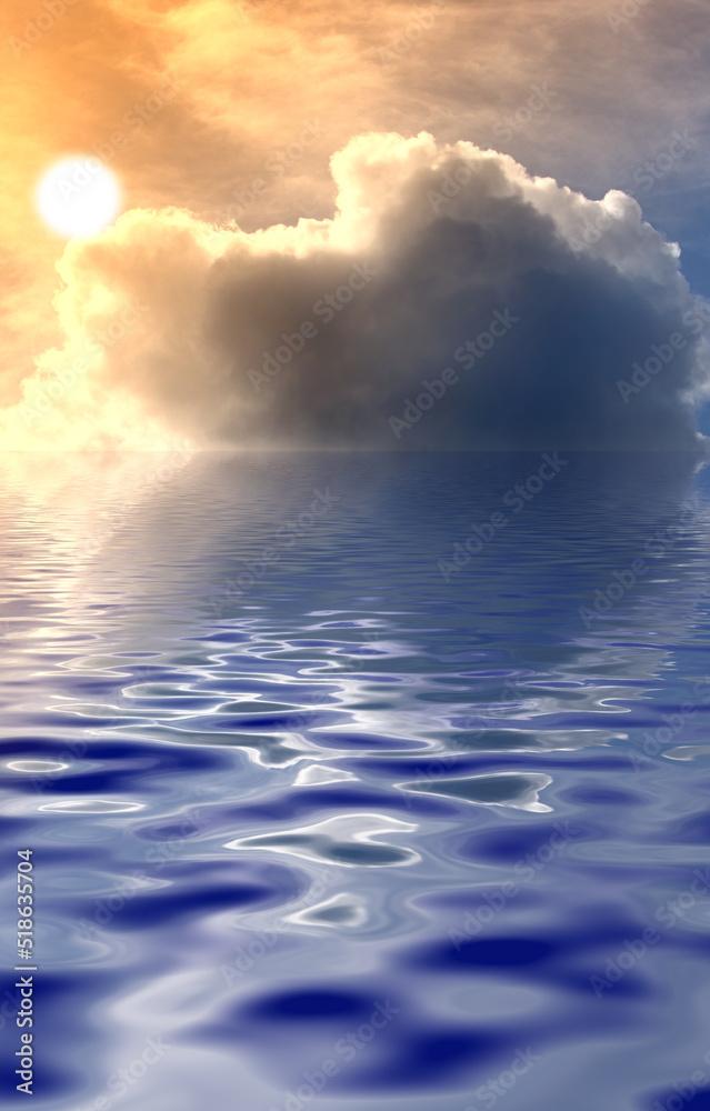 地平线上的日出，平静的海水上漂浮着蓬松的云朵。宁静和谐的景色。