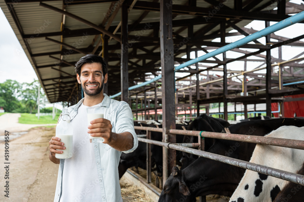高加索男子奶农在牛棚喝牛奶的肖像