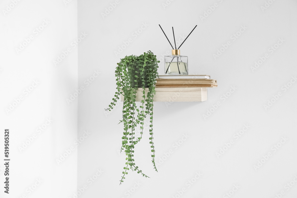 带芦苇扩散器的架子，室内植物和挂在浅色墙上的书