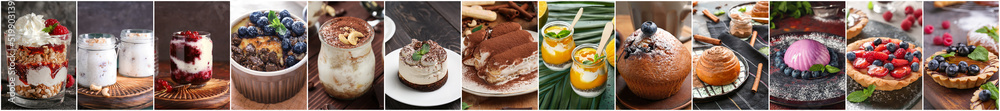 Collage of tasty desserts on dark background