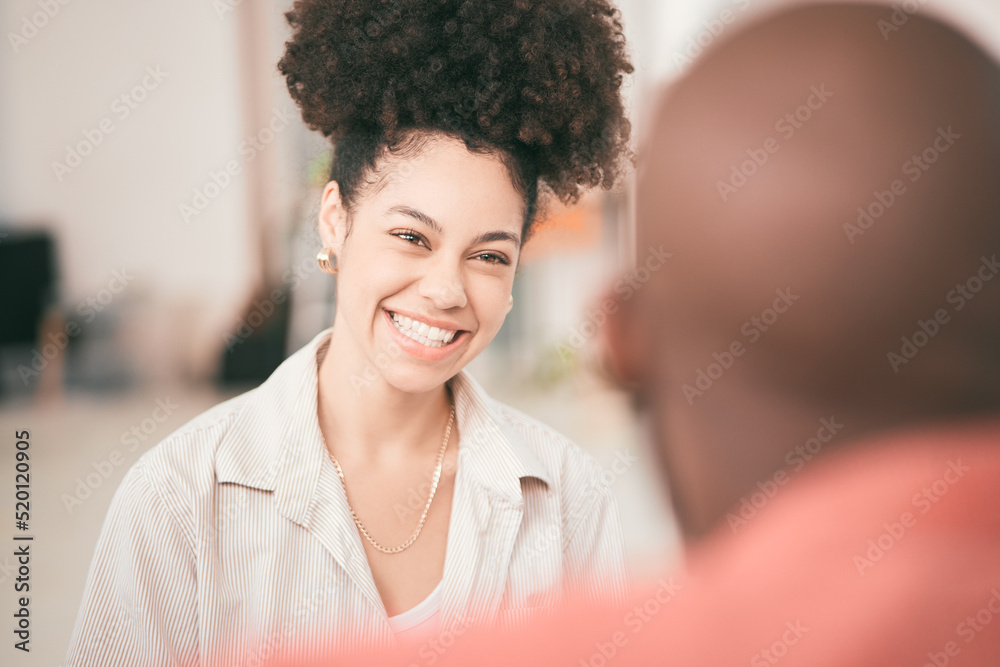 Face of woman on a date, meeting or chatting to a friend looking happy, cheerful and in love. Smilin