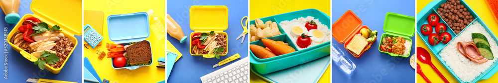 Collage with many different lunch boxes full of tasty food