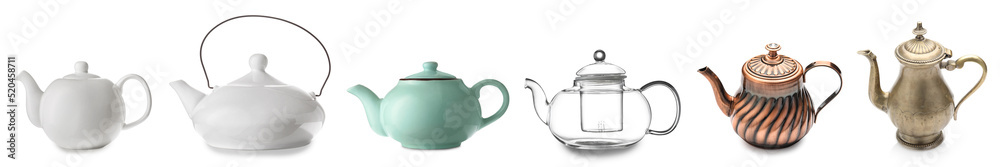 白色隔离的一套不同茶壶