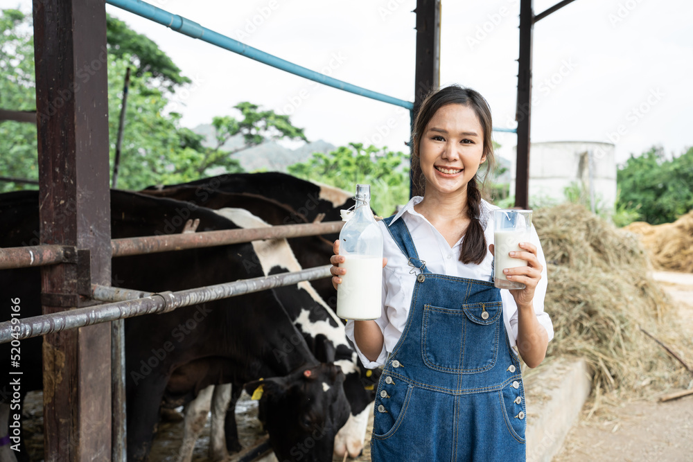 亚洲女奶农在牛棚里拿着一瓶牛奶的画像