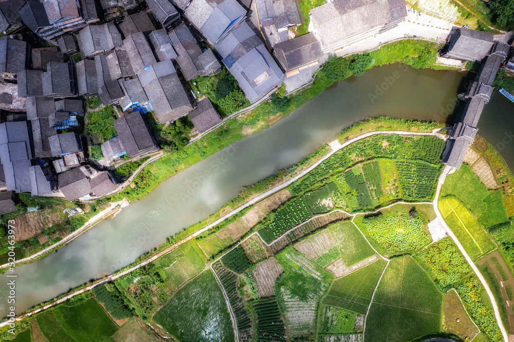 Aerial photography of the pastoral scenery of ancient Dong peoples houses in Bazhai, Chengyang, Liu