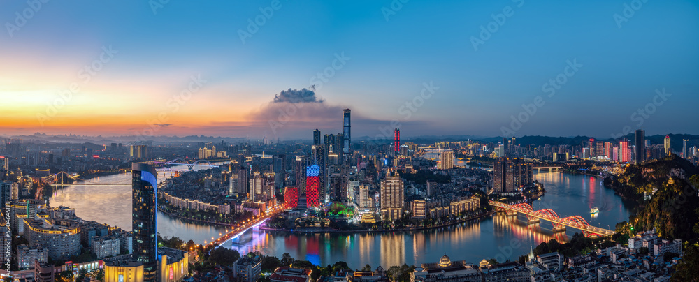 Aerial photography night view of modern city buildings in Liuzhou, China