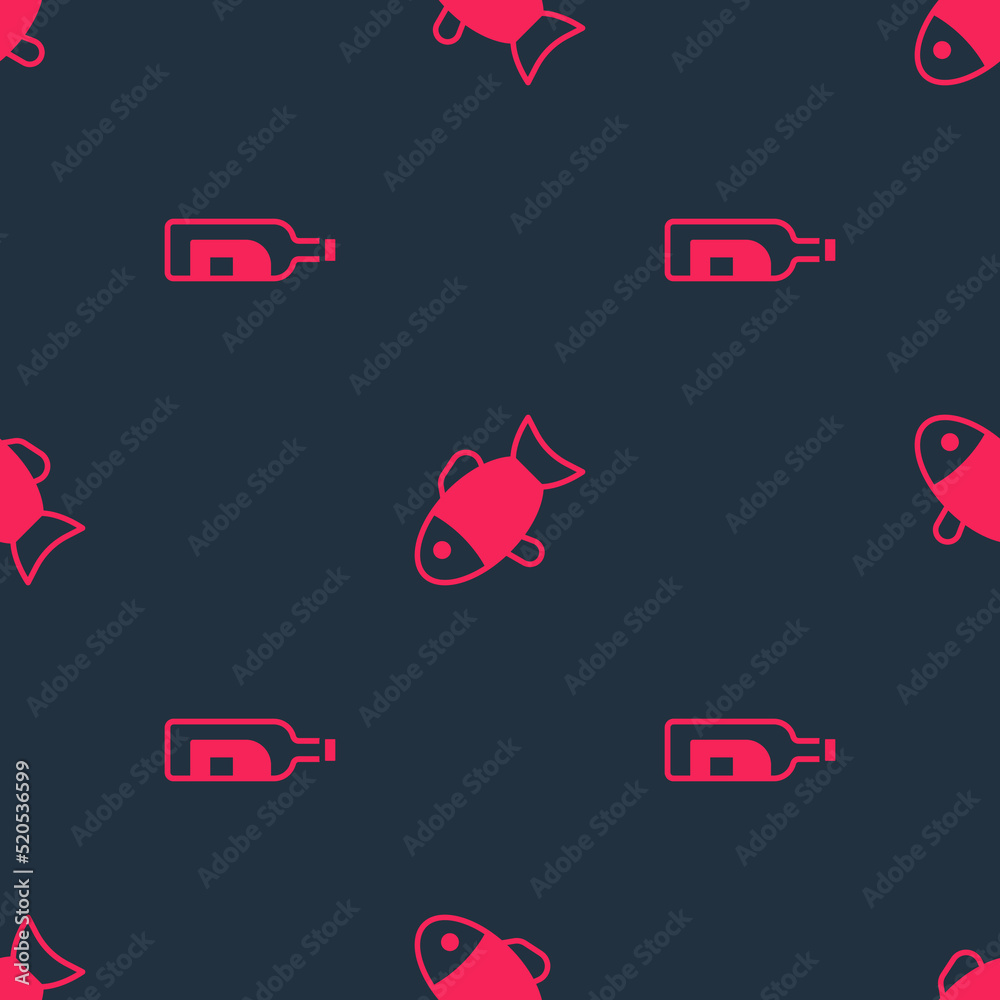 Set Bottle of wine and Fish on seamless pattern. Vector