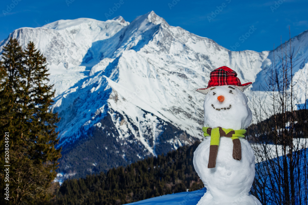雪人在山上戴着胡萝卜帽和围巾